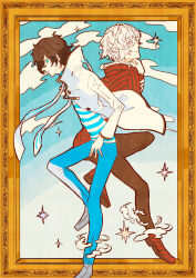  2boys absurdres anguished_one animal_hood black_hair black_pants blue_eyes blue_pants devil_survivor_(series) devil_survivor_2 from_side full_body highres hood hoodie looking_at_viewer megami_tensei multiple_boys open_clothes open_hoodie pants portrait_(object) protagonist_(devil_survivor_2) rabbit_hood shirt short_hair striped_clothes striped_shirt user_vxyg8425 violet_eyes white_hair 