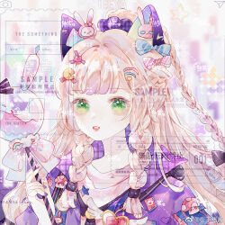  1girl animal_ears ascot black_ascot blonde_hair blue_bow blunt_bangs blurry blurry_background bow braid brooch cat_ears cat_hair_ornament character_hair_ornament chinese_commentary collared_jacket colorful_background commentary_request commission eyelashes fake_animal_ears green_eyes hair_bow hair_bun hair_ornament hair_scrunchie hairclip half_up_braid happy heart heart_brooch heart_hair_ornament holding holding_wand jacket jewelry light_blush light_particles lipstick long_hair looking_at_viewer makeup multiple_braids mushroom my_melody my_melody_(series) nail_polish open_clothes open_jacket open_mouth original pac-man pac-man_(game) pink_bow pink_shirt plaid_scrunchie purple_jacket purple_nails purple_scrunchie rabbit rabbit_hair_ornament red_lips sample_watermark sanrio scrunchie shirt side_braids single_hair_bun smile solo star_brooch striped_bow tareme teeth too_many_watermarks twin_braids unmoving_pattern upper_body upper_teeth_only very_long_hair wand watermark watermark_grid weibo_watermark wi-fi_symbol winged_heart xujiang_bushi_fanpai 
