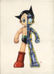  1boy android atom_(tetsuwan_atom) black_eyes black_hair boots cable clenched_hands closed_mouth cross-section exposed_internal_machinery full_body highres knee_boots male_focus official_art okazaki_toshio painting_(medium) red_boots short_hair signature simple_background smile solo standing tetsuwan_atom third-party_source topless_male traditional_media very_short_hair white_background x-ray 