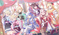  6+girls animal_ears aqua_eyes azki_(hololive) black_gloves black_hair blonde_hair blue_eyes blue_hair colored_inner_hair commentary_request dog_ears dog_girl envanishmentor fuwawa_abyssgard gloves grey_hair grey_socks hair_ornament highres hololive hololive_english horns indoors japanese_clothes kazama_iroha kimono long_hair long_sleeves looking_at_viewer mococo_abyssgard multicolored_hair multiple_girls nakiri_ayame obi official_art one_eye_closed oni pink_eyes pink_hair rabbit_ears rabbit_girl red_eyes sash sheep_ears sheep_girl sheep_horns short_hair sitting socks streaked_hair striped_clothes striped_socks tongue tongue_out tsunomaki_watame usada_pekora very_long_hair virtual_youtuber white_gloves white_socks wide_sleeves 