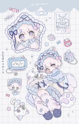  1girl animal_ear_fluff animal_ears bandaid black_shoes blue_bow blue_eyes blue_skirt blush bow bow_legwear cat_ears cat_girl commentary frilled_hairband frills full_body grid_background hairband heart heart-shaped_pupils highres long_sleeves loose_socks multiple_views original pink_bow pleated_skirt purple_hairband shoes skirt sleeves_past_fingers sleeves_past_wrists socks sparkle sweater symbol-shaped_pupils white_background white_socks white_sweater zane290 