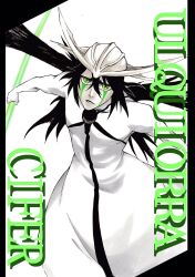  1boy arrancar black_hair bleach character_name colored_skin demon_wings energy_spear facial_mark fake_horns green_eyes hair_between_eyes helmet highres holding holding_polearm holding_weapon hole_in_chest hole_on_body horned_helmet horns ken'ichi_(ken1ro_u) looking_at_viewer parted_lips polearm resurreccion robe slit_pupils solo ulquiorra_cifer weapon white_skin wings 