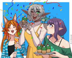  3girls ajeng_(mawaridi) animal_ear_fluff animal_ears birthday blue_background blue_eyes bluesky_username border breasts cat_ears cat_girl cherry cupcake dark-skinned_female dark_elf dark_skin elf food frog frog_on_shoulder fruit green_eyes grey_hair hair_between_eyes height_difference highres holding holding_food holding_plate jumping kodok_(mawaridi) long_hair long_sleeves lumi_(mawaridi) mawaridi multiple_girls orange_hair original outside_border party_popper plate pointy_ears purple_hair scrunchie shirt short_hair sidelocks simple_background slit_pupils smile twitter_username white_border white_shirt yvonne_(mawaridi) 