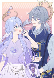  1boy 1girl aiga_ippai aqua_bow bag blue_bag blue_hair blue_shirt blue_sweater_vest book bow breasts brother_and_sister character_print collared_shirt commentary_request cowboy_shot gradient_background grey_hair hair_between_eyes halo halo_behind_head hand_up head_wings highres holding holding_book honkai:_star_rail honkai_(series) long_hair long_sleeves looking_at_another medium_breasts medium_hair official_alternate_costume open_mouth piercing pink_background pleated_skirt print_shirt purple_bag purple_shirt robin_(honkai:_star_rail) self_character_print shirt short_sleeves shoulder_bag siblings skirt smile spiked_halo sunday_(honkai:_star_rail) sunday_(impression)_(honkai:_star_rail) sweater_vest t-shirt twitter_username very_long_hair white_skirt white_wings wing_piercing wings yellow_eyes 