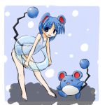  1girl barefoot blue_hair costume innertube lowres marill moemon one-piece_swimsuit personification pokemon pokemon_(creature) pokemon_(game) pokemon_gsc short_hair swimsuit tail tenjou_ryuka 