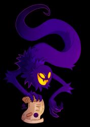  1boy :d a_hat_in_time black_background commentary english_commentary fangs full_body ghost highres holding holding_paper male_focus oliziii open_mouth paper signature skin_fangs smile snatcher_(a_hat_in_time) solo wax_seal yellow_eyes 