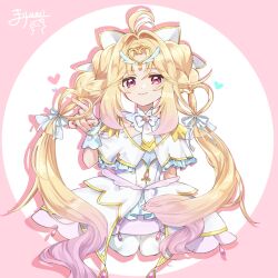  1girl alternate_hairstyle antenna_hair blonde_hair bow braid brooch capelet closed_mouth commentary_request cure_arcana dress frilled_capelet frilled_cuffs frills gradient_hair hair_intakes heart heart_brooch highres jewelry long_hair looking_at_viewer magical_girl marimari2793 meitantei_precure! moria_luluka multicolored_hair precure smile solo twin_braids veil very_long_hair white_capelet white_dress white_veil winged_gloves winged_heart wrist_cuffs 