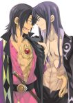  abs ayumiso black_eyes black_hair green_eyes long_hair male multiple_boys open_clothes open_shirt raven shirt smile tales_of_(series) tales_of_vesperia yuri_lowell 