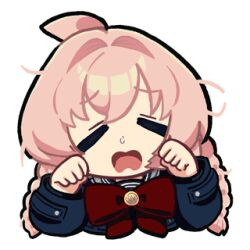  1girl ahoge animated animated_gif astrae_oratio blue_jacket blush braid crying hair_intakes hands_on_own_face jacket long_hair lowres nose_blush official_art open_mouth pink_hair red_ribbon ribbon second-party_source simple_background snot solo tanaka_erin tears twin_braids white_background 