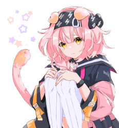  1girl animal_ears arknights black_bow black_choker black_hairband black_jacket bow braid choker closed_mouth goldenglow_(arknights) hair_bow hairband hands_on_own_knees harami_(hara_333) jacket knees_to_chest lightning_bolt_print long_hair looking_at_viewer pink_hair pink_jacket pink_tail sad simple_background single_tear solo star_(symbol) tail tail_raised thigh-highs white_background white_thighhighs yellow_eyes 