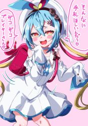  1girl backpack bag blonde_hair blue_bow blue_dress blue_hair blush_stickers bow commentary_request crossed_bangs dress duel_masters hair_between_eyes hair_ornament hat hat_bow highres low_twintails mesugaki motion_lines multicolored_bow multicolored_dress multicolored_hair musan_(mu34mi) orange_eyes pink_background randoseru red_bow red_hair sleeves_past_fingers sleeves_past_wrists solo speech_bubble t_t_t_(duel_masters) translation_request twintails white_dress white_hat yellow_bow 