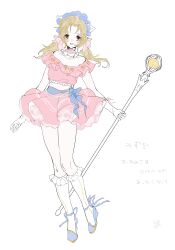  1girl absurdres alternate_costume belt blonde_hair blue_belt blue_hairband blue_shoes brown_eyes choker commentary_request crop_top final_fantasy final_fantasy_v full_body ginsiro_0 gloves hair_ornament hair_scrunchie hairband highres holding holding_staff krile_mayer_baldesion_(ff5) long_hair looking_at_viewer low_twintails miniskirt off-shoulder_shirt off_shoulder open_mouth parted_bangs pink_choker pink_scrunchie pink_shirt pink_skirt ribbon_choker scrunchie shirt shoes skirt smile socks solo staff standing twintails white_background white_gloves white_socks 