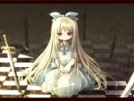  alice_(wonderland) blonde_hair bow checkered checkered_floor hair_bow kishibe kneeling long_hair red_eyes solo sword very_long_hair weapon 