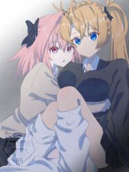  1boy 1girl absurdres ahoge artist_name astolfo_(fate) black_bow black_cardigan black_ribbon black_skirt blonde_hair blue_eyes bow bradamante_(fate) braid braided_ponytail breasts brown_cardigan cardigan collared_shirt commentary_request cousins crossdressing crossdressing_(mtf) crown_braid dot_nose fate/grand_order fate_(series) gradient_background grey_background hair_bow hair_intakes hair_ribbon highres hug huge_breasts long_hair looking_at_viewer loose_socks miniskirt multiple_hair_bows multiple_hair_ribbons open_mouth pink_hair pleated_skirt ribbon school_uniform shirt simple_background single_hair_streak sitting skirt socks tanutika trap twintails twitter_username violet_eyes watermark white_background white_hair white_shirt white_socks 