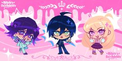  1girl 2boys ahoge akamatsu_kaede arm_belt artist_name blonde_hair blood blue_hair buttons checkered_clothes checkered_neckerchief checkered_scarf chibi chibi_only colored_blood danganronpa_(series) danganronpa_v3:_killing_harmony double-breasted hair_ornament highres ibble_(ibblescribbles) long_hair multicolored_buttons multiple_boys musical_note musical_note_hair_ornament musical_note_print neckerchief necktie oma_kokichi orange_necktie pink_blood pink_eyes pink_sweater_vest pink_vest purple_hair saihara_shuichi scarf short_hair sparkle sweater_vest two-tone_scarf vest violet_eyes yellow_eyes 