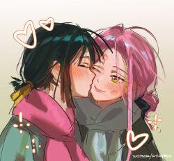  2girls alien_stage black_hair closed_eyes commentary d_ying5022 english_commentary green_eyes grey_scarf highres instagram_username kiss kissing_cheek lipstick_mark lipstick_mark_on_face mizi_(alien_stage) multiple_girls one_eye_closed pink_hair pink_scarf scarf signature sua_(alien_stage) twitter_username yuri 