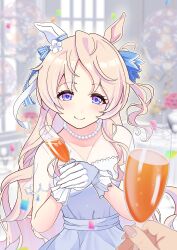  1girl 1other absurdres animal_ears blonde_hair blue_eyes blush breasts champagne_flute closed_mouth commentary_request confetti cup dress drinking_glass ear_covers gloves hair_between_eyes highres holding holding_cup horse_ears horse_girl jewelry long_hair looking_at_viewer necklace official_alternate_costume pearl_necklace single_ear_cover smile solo_focus umamusume victoire_pisa_(umamusume) white_dress white_gloves yurizucos 