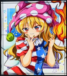  1girl absurdres american_flag_dress blonde_hair closed_mouth clownpiece commentary_request fairy_wings fire green_nails hair_between_eyes hat highres holding holding_torch jester_cap long_hair nashikajyu pink_hat polka_dot_headwear red_eyes short_sleeves smile solo torch touhou v-shaped_eyebrows wings 
