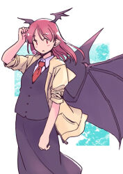  1girl black_skirt black_vest blush closed_mouth collared_shirt commentary_request demon_wings head_wings hood hoodie koakuma long_hair looking_at_viewer necktie open_clothes open_hoodie pointy_ears rangycrow red_eyes red_hair red_necktie shirt skirt skirt_set solo touhou vest white_shirt wings yellow_hoodie |_| 