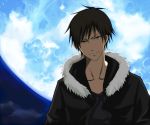  black_hair durarara!! jacket kami male moon orihara_izaya short_hair smile solo 