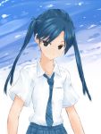 black_eyes blue_hair idolmaster kisaragi_chihaya long_hair necktie rough_time_school school_uniform solo twintails 
