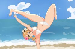  1girl beach bikini blonde_hair commentary english_commentary flower highres krita_(medium) magical_girl swimsuit tomoe_mami tricky1011 white_bikini 