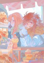  2girls :d ahoge alternate_costume animal-themed_food bag blush candy_store chidouin_sara cup cupcake curtained_hair disposable_coffee_cup disposable_cup double-parted_bangs dule_(anhaidule) earmuffs egokoro_nao food green_jacket green_scarf gumball_machine hands_up highres holding holding_cup holding_phone jacket kimi_ga_shine long_sidelocks long_sleeves looking_at_viewer mittens multiple_girls nape_braid open_mouth orange_hair orange_scarf phone red_hair scarf scone shop shoulder_bag sidelocks smile upper_body violet_eyes white_jacket winter_clothes 