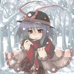  blush capelet cold forest hat nagae_iku nagi_(pasteljam) nature pasteljam red_eyes scarf shawl short_hair snow solo touhou tree 
