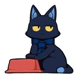  animal_ear_fluff animal_ears animalization animated animated_gif astrae_oratio black_cat blue_necktie bowl cat cat_ears cat_tail colored_sclera lowres necktie no_humans official_art pet_bowl second-party_source shunin simple_background tail tapping_finger white_background yellow_sclera 