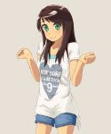  1girl brown_hair chelle_ingham green_eyes long_hair looking_at_viewer shorts simple_background smile solo 