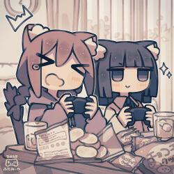  >_< 2girls ^^^ analog_clock animal_ear_fluff animal_ears black_hair black_ribbon blunt_bangs blunt_ends blunt_sidelocks blush_stickers brown_hair brown_hoodie cat_ears cat_girl chips_(food) clock closed_eyes closed_mouth collared_shirt commentary_request controller cup curtains double-parted_bangs drinking_glass food futami_ya game_controller hair_between_eyes highres holding holding_controller holding_game_controller hood hood_down hoodie long_sleeves multiple_girls neck_ribbon open_mouth original playing_games playing_video_games ribbon shirt short_hair sidelocks sleeves_past_wrists smile sparkle tearing_up upper_body white_shirt 
