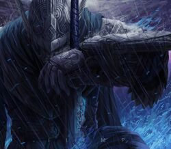 1boy absurdres armor artist_name blue_fire blue_surcoat broken broken_sword broken_weapon cloak commentary covered_face elden_ring elden_ring_nightreign english_commentary fire gauntlets helmet highres iiimp kneeling leaning_on_weapon looking_down male_focus ornate_armor pauldrons rain shoulder_armor solo sword visor_(armor) weapon winged_helmet wylder_(elden_ring) 