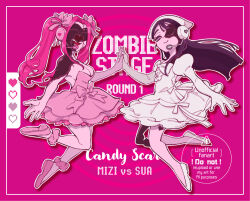  2girls alien_stage ankle_scrunchie bandana black_hair bow dress dress_bow elbow_gloves english_text episode_number episode_title floating_hair gloves headset heart holding_hands long_hair microphone mizi_(alien_stage) mizi_(zombie_stage) multiple_girls pink_bow pink_dress pink_hair pink_scrunchie pink_shoes pixel_heart scrunchie shoes smile song_name sua_(alien_stage) sua_(zombie_stage) syun0g twintails very_long_hair watermark white_bandana white_bow white_dress white_gloves white_shoes zombie_stage 