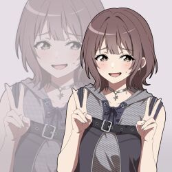 1girl animification bang_dream! bang_dream!_our_notes bare_shoulders blush brown_eyes brown_hair choker collarbone commentary_request double_v embarrassed grey_background grey_hoodie hair_intakes hanamiya_nina highres hood hood_down hoodie medium_hair mikage_raishin mole mole_under_eye real_life simple_background solo sweatdrop upper_body v voice_actor zoom_layer 