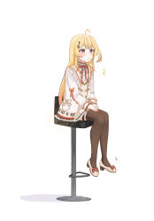  1girl ahoge blonde_hair bow brown_dress brown_thighhighs commentary_request dress footwear_bow full_body gradient_hair hair_ornament hair_ribbon highres hololive hololive_dev_is jacket long_hair long_sleeves multicolored_hair musical_note musical_note_hair_ornament neck_ribbon on_stool orange_hair otonose_kanade otonose_kanade_(1st_costume) piano_print red_eyes red_ribbon ribbon shoes side_ponytail simple_background sitting solo stool thigh-highs thigh_strap virtual_youtuber watermark white_background white_jacket white_shoes yukihata_syu3 