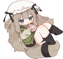  1girl absurdres animal_ear_fluff animal_ears black_skirt black_socks blush brown_hair cat_ears cat_girl cat_tail closed_mouth collared_shirt commentary double-parted_bangs drink_carton drinking drinking_straw ears_down english_commentary full_body green_eyes green_shirt green_sweater_vest hat highres holding holding_drink_carton holding_milk_carton kipfel_(vrchat) long_hair long_sleeves milk_carton miniskirt no_shoes pleated_skirt shiina_mano shirt simple_background skirt sleeves_past_wrists socks solo sweater_vest tail very_long_hair vrchat white_background white_hat 