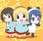  animal_costume anzu_(hanamaru_youchien) blue_hair brown_hair cat_hood hanamaru_youchien hiiragi_(hanamaru_youchien) hood kindergarten koume_(hanamaru_youchien) multicolored_hair panda_costume school_uniform stuffed_animal stuffed_toy usatarou 