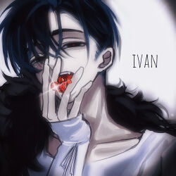  1boy alien_stage black_eyes black_hair character_name chinese_commentary commentary_request face_jewel fang feather_boa gem hand_on_own_face happy2ni heart-shaped_gem ivan_(alien_stage) looking_at_viewer male_focus official_alternate_costume open_mouth red_gem red_pupils shirt short_hair sleeves_past_wrists solo thick_eyebrows very_short_hair vignetting white_shirt 