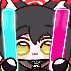  1girl animal_ear_fluff animal_ears animated animated_gif black_hair black_kimono blue_archive blush chibi chibi_only closed_mouth colored_inner_hair commentary_request fox_ears fox_girl glowstick grey_sailor_collar halo holding holding_glowstick japanese_clothes kimono korean_commentary long_hair multicolored_hair nekosan open_mouth red_hair red_halo sailor_collar solo two-tone_hair wakamo_(blue_archive) yellow_eyes 