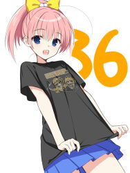  1girl :d ahoge alternate_costume black_shirt blue_eyes blue_skirt blush bow character_print commentary countdown_illustration cowboy_shot dutch_angle eyelashes hair_between_eyes hair_bow hair_ornament happy harumi_ena highres huge_ahoge kunihiro_hinata limelight_lemonade_jam looking_at_viewer medium_hair miniskirt muririn nabari_anju noble_works official_artist_extra open_mouth outline pink_hair pleated_skirt pom_pom_(clothes) pom_pom_hair_ornament ponytail print_shirt shirt shirt_tug short_sleeves sidelocks simple_background skirt smile solo t-shirt teeth untranslatable_commentary upper_teeth_only white_background white_outline yellow_bow yuzusoft 