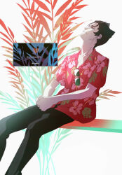  1boy black_eyes black_hair black_pants closed_mouth collarbone commentary_request fan_request feet_out_of_frame floral_print floral_print_shirt hair_slicked_back hawaiian_shirt head_back highres kaiki_deishuu koimonogatari looking_up male_focus monogatari_(series) on_bench own_hands_together palm_leaf pants print_shirt request_inset shirt short_hair simple_background sitting solo sunglasses translation_request untucked_shirt unworn_eyewear usurai_rairai wavebox white_background 