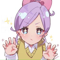  +_+ 1girl anime_coloring blush bow collared_shirt commentary flat_chest groping_motion hair_bow hem_peeking_out high_ponytail kimi_no_koto_ga_dai_dai_dai_dai_daisuki_na_100-nin_no_kanojo long_sleeves looking_at_viewer momi_momiji motion_lines ohananomitsu_middle_school_uniform ponytail purple_hair school_uniform shirt short_hair simple_background skirt solo sparkle sweater_vest syuuka617 untranslatable_commentary upper_body v-neck violet_eyes white_shirt yellow_sweater_vest 