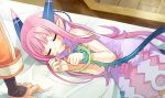  blush closed_eyes horns long_hair lying milreaf on_bed on_side pink_hair pointy_ears summon_night summon_night_4 tail 