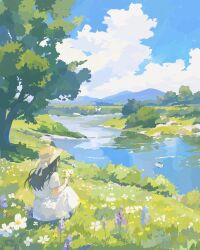  1girl blue_flower blue_sky boater_hat brown_hair brown_hat bug butterfly clouds cloudy_sky commentary day dress english_commentary facing_away flower from_behind hat hat_ribbon highres holding holding_flower landscape long_dress long_hair meadow miko_(frbtjsuq8r23149) mountainous_horizon nature on_ground original outdoors reflection reflective_liquid ribbon river scenery short_sleeves sitting sky solo summer thigh_strap tree white_butterfly white_dress white_flower white_ribbon 