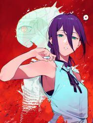  2girls armpits artist_name bare_shoulders cesar_art456 chainsaw_man collared_shirt dated green_eyes heart highres looking_at_viewer makima_(chainsaw_man) multiple_girls purple_hair red_background red_eyes reze_(chainsaw_man) ringed_eyes shirt short_sleeves speech_bubble white_shirt 