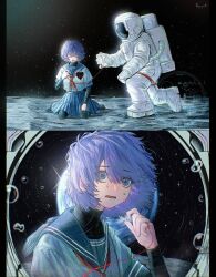  1girl 1other artist_name astronaut black_pantyhose blue_eyes blue_hair blue_sailor_collar blue_sky closed_eyes commentary_request earth_(planet) highres loafers long_sleeves looking_at_viewer lower_teeth_only nayoyoki neckerchief open_mouth original pantyhose planet pleated_skirt red_neckerchief sailor_collar school_uniform shirt shoes short_hair skirt sky space tears teeth 