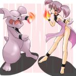  1girl barefoot blush_stickers burning_hand burning_hands costume finger_gun fire granbull lowres moemon no_panties personification pokemon pokemon_(creature) pokemon_(game) pokemon_gsc purple_hair tenjou_ryuka twintails wrist_cuffs 