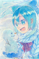  1girl :d alternate_costume blue_bow blue_eyes blue_hair blue_jacket blue_mittens bow bowtie cirno commentary_request hair_bow highres jacket long_sleeves medium_hair mittens open_mouth outdoors red_bow red_bowtie scarf smile snow snowflakes snowman solo touhou traditional_media upper_body white_scarf winter winter_clothes yuzuari4649 