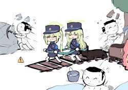  1boy 2girls black_hair blue_archive blue_hat blue_shirt blue_skirt bucket bucket_of_water closed_mouth commentary_request doodle_sensei_(blue_archive) full_body gloves green_hair grey_hair grin hat hikari_(blue_archive) holding holding_pickaxe kepi long_hair military_hat multiple_girls nozomi_(blue_archive) pickaxe pointy_ears railroad_tracks se-u-ra sensei_(blue_archive) shirt skirt smile tree water wavy_hair white_background white_gloves yellow_eyes 