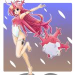  1girl :d alternate_costume armpits barefoot casual_one-piece_swimsuit coral corsola costume horns knife leg_band legs long_hair lowres moemon one-piece_swimsuit open_mouth outstretched_arm outstretched_hand personification pokemon pokemon_(creature) pokemon_(game) pokemon_gsc sheath sheathed smile swimsuit tenjou_ryuka thigh_band thigh_strap very_long_hair weapon 